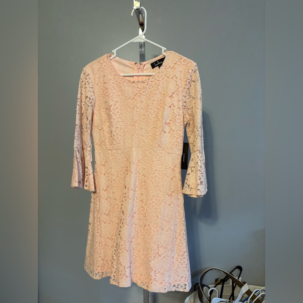 NWT Luluβs pinkβ lace dress size small 3/4 sleeve unlined body of dress lined